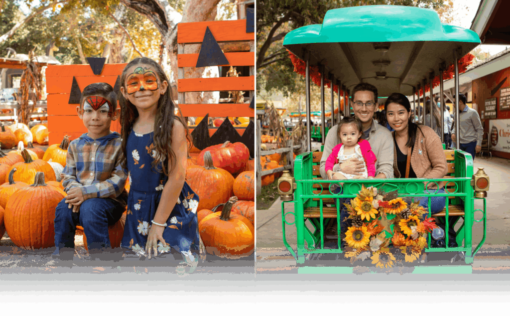 Children with Pumpkins & Family Posing on Train