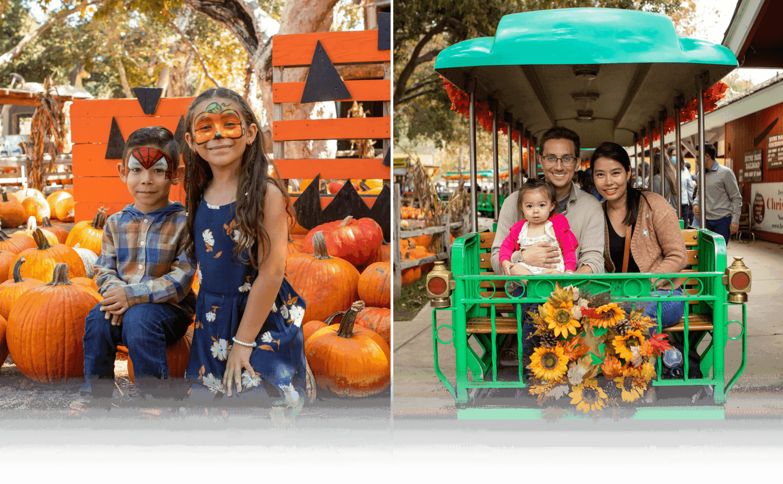 Children with Pumpkins & Family Posing on Train