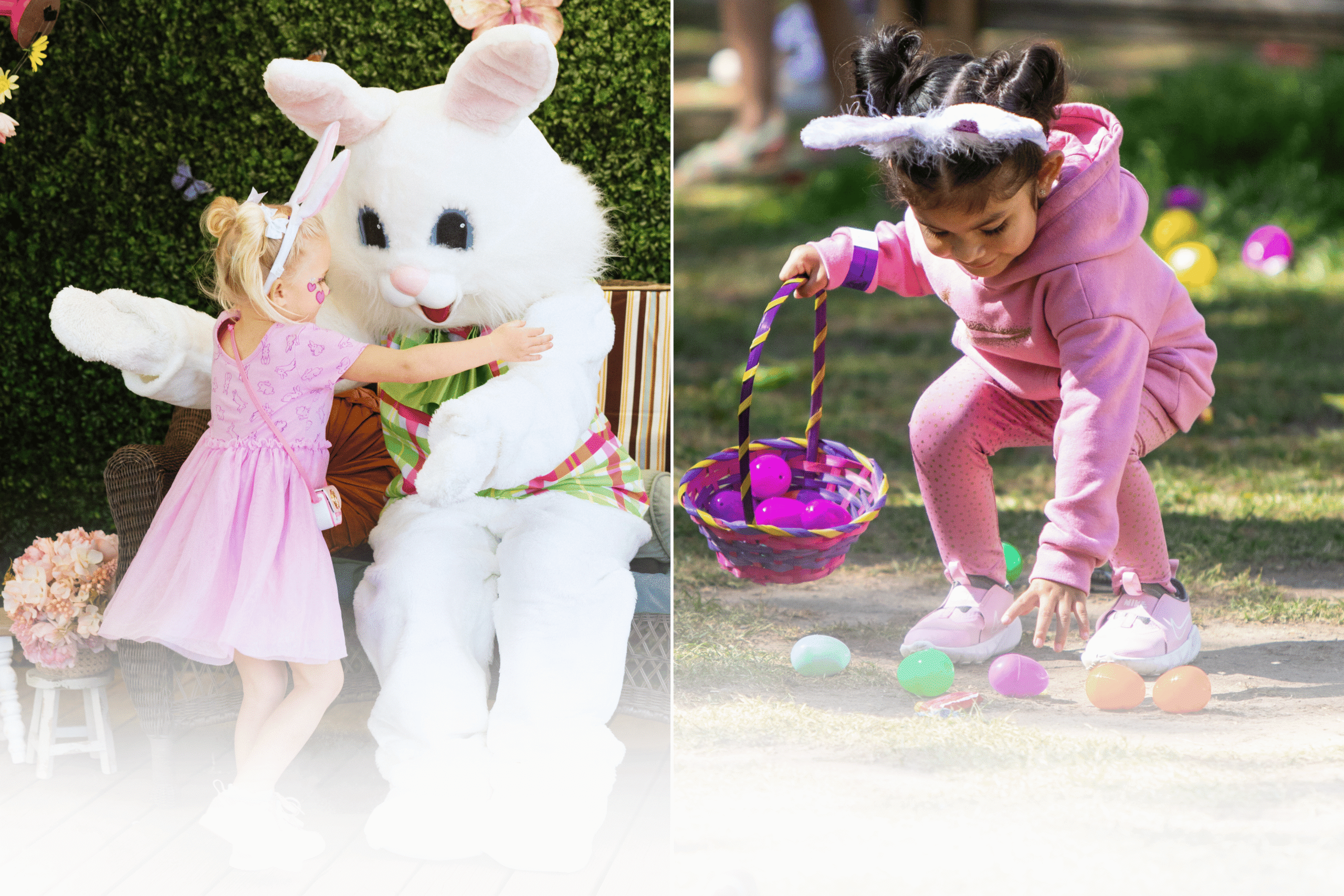 A collage of 2 images: On the left features a child hugging the Easter Bunner and on the right features a child participating in an Easter Egg hunt. Both are at Irvine Park Railroad's Easter Eggstravaganza