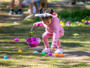 Child reaches for Easter egg with her Easter basket in hand while participating in an Easter Egg Hunt at Irvine Park Railroad's Easter Eggstravaganza