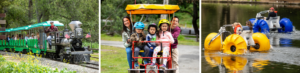 Collage of images at Irvine Regional Park. On the left features Irvine Park Railroad's 1/3 scale train on a ride with the engineer waving from the locomotive. The middle photo features a family of 2 adults and 3 children riding a single surrey bike from Irvine Park Rentals. On the left features two paddle boats from Irvine Park Rentals