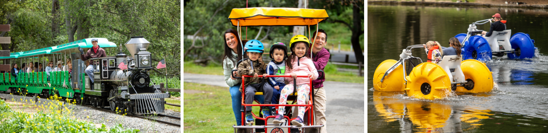 Collage of images at Irvine Regional Park. On the left features Irvine Park Railroad's 1/3 scale train on a ride with the engineer waving from the locomotive. The middle photo features a family of 2 adults and 3 children riding a single surrey bike from Irvine Park Rentals. On the left features two paddle boats from Irvine Park Rentals