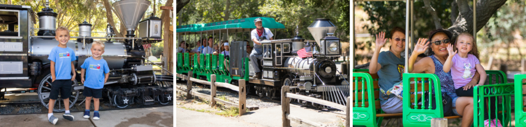 Collage of three images: Two boys standing next to the Irvine Park Railroad locomotive, a train engineer driving the locomotive, and a family of 3 waving while onboard the train at Irvine Park Railroad
