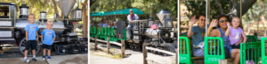 Collage of three images: Two boys standing next to the Irvine Park Railroad locomotive, a train engineer driving the locomotive, and a family of 3 waving while onboard the train at Irvine Park Railroad