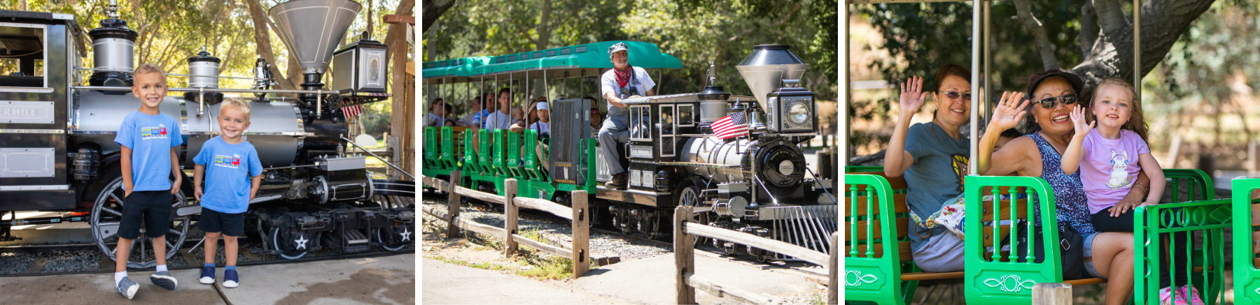 Collage of three images: Two boys standing next to the Irvine Park Railroad locomotive, a train engineer driving the locomotive, and a family of 3 waving while onboard the train at Irvine Park Railroad