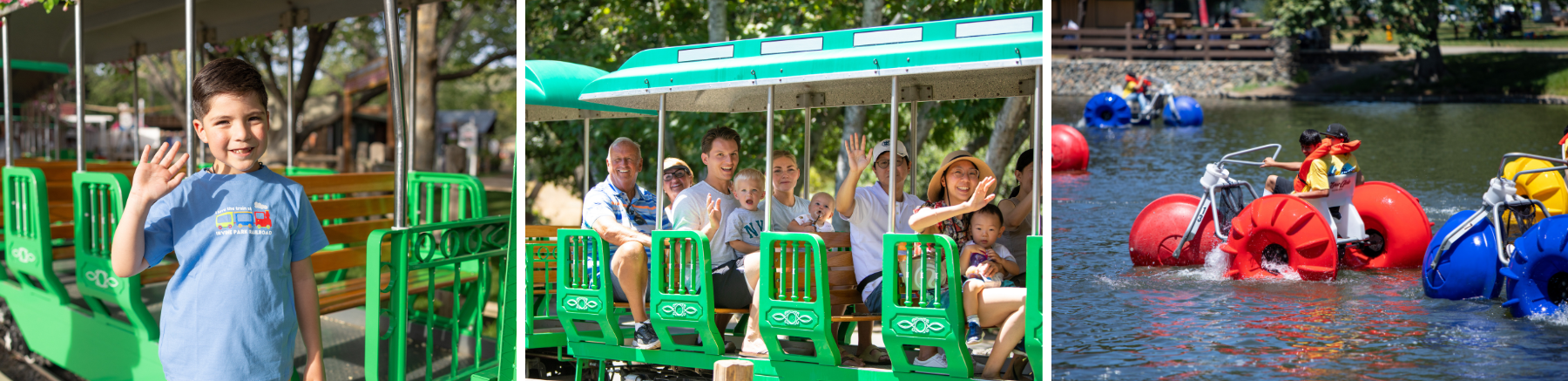 Collage of three images: a child waving with their Irvine Park Railroad shirt, a family waving while they are aboard the Irvine Park Railroad train, and paddle boats on a lake at Irvine Park