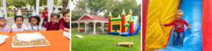 Three photos in a collage. The first photo features children sitting at a birthday party table looking at a birthday cake. The second photo is party pavilion D at Irvine Park Railroad that's decorated for a birthday with a moon bounce. The third photo features a child sliding down the moon bounce, smiling.