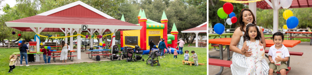 Wide view of a children's birthday party in a park with families, balloons, picnic tables, and a bounce house. A closer view shows an adult and two young children sitting together and smiling