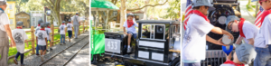 Children in railroad-themed outfits enjoy train rides and hands-on activities at a miniature railway park