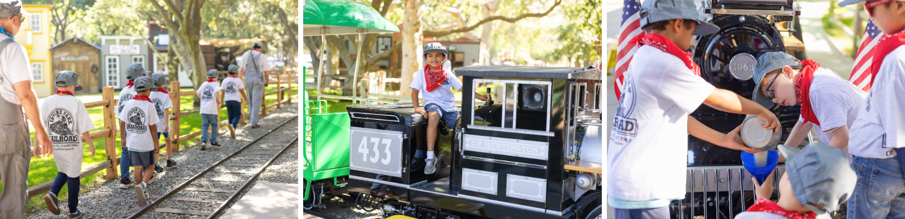 Children in railroad-themed outfits enjoy train rides and hands-on activities at a miniature railway park