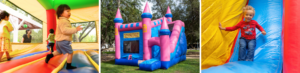 Children play inside a colorful inflatable bounce house, a castle-themed bounce house stands on a grassy lawn, and a child slides down the attached inflatable slide.