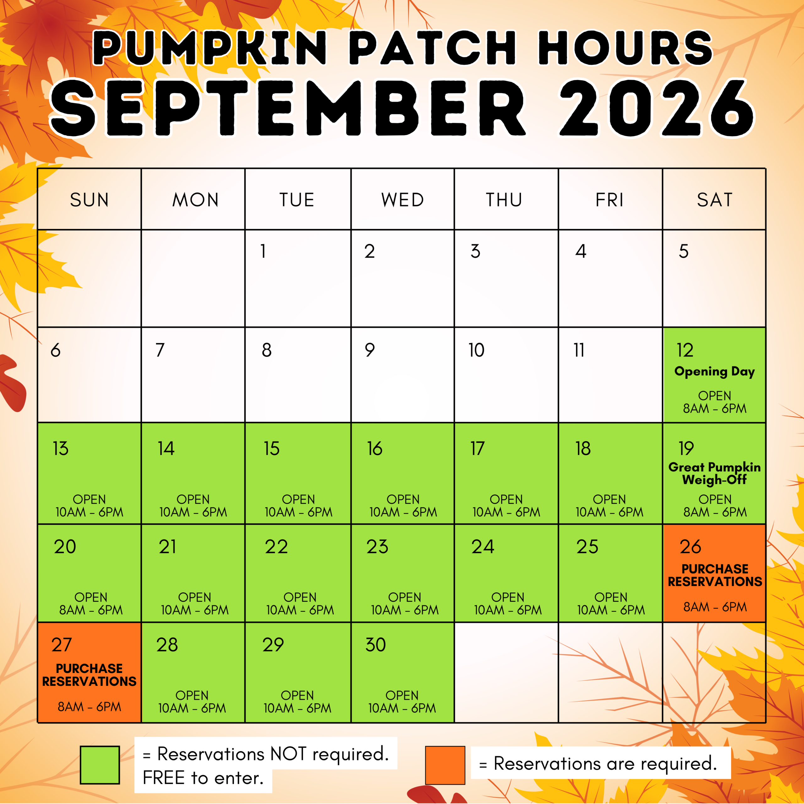 Pumpkin Patch hours september 2026