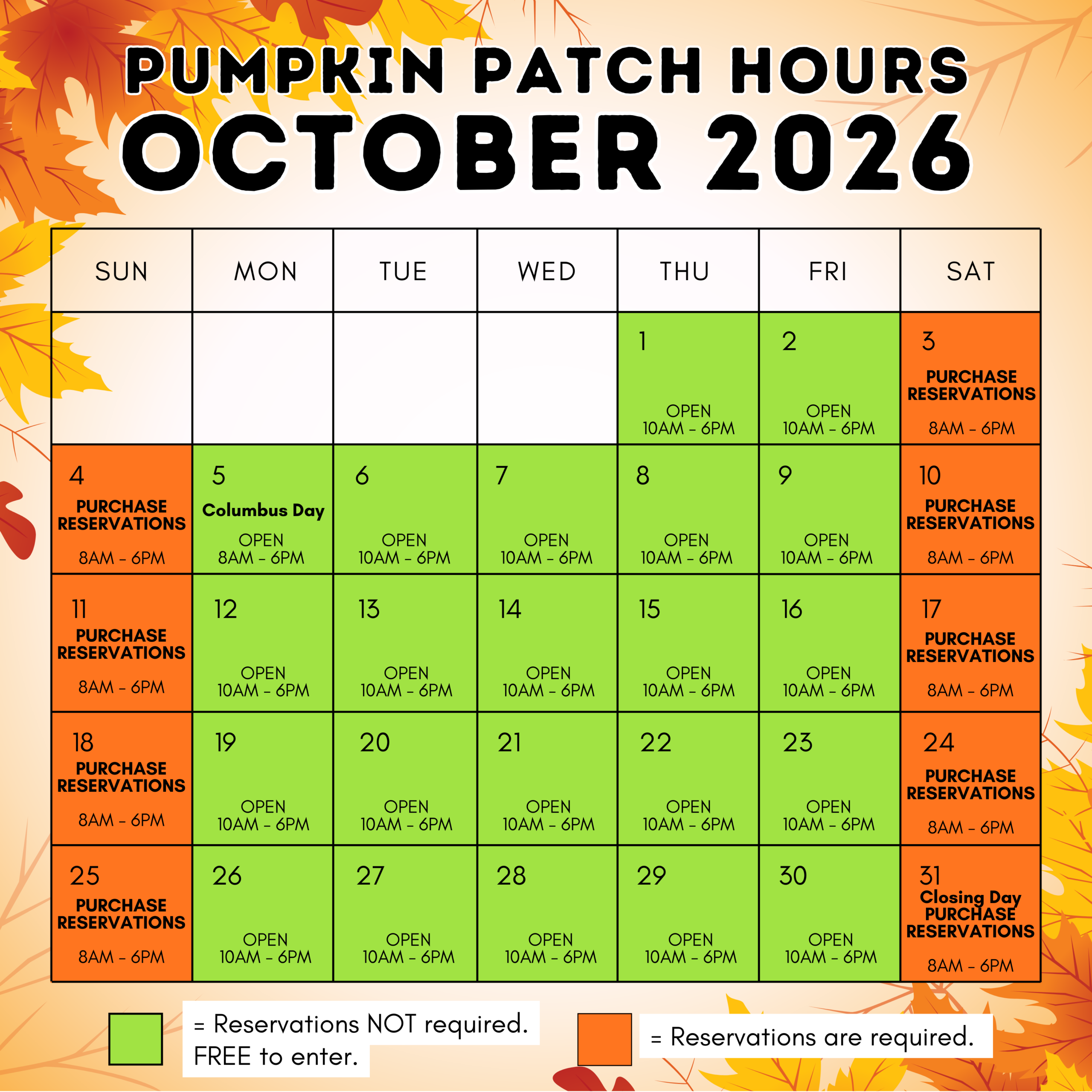 Pumpkin Patch hours October 2026