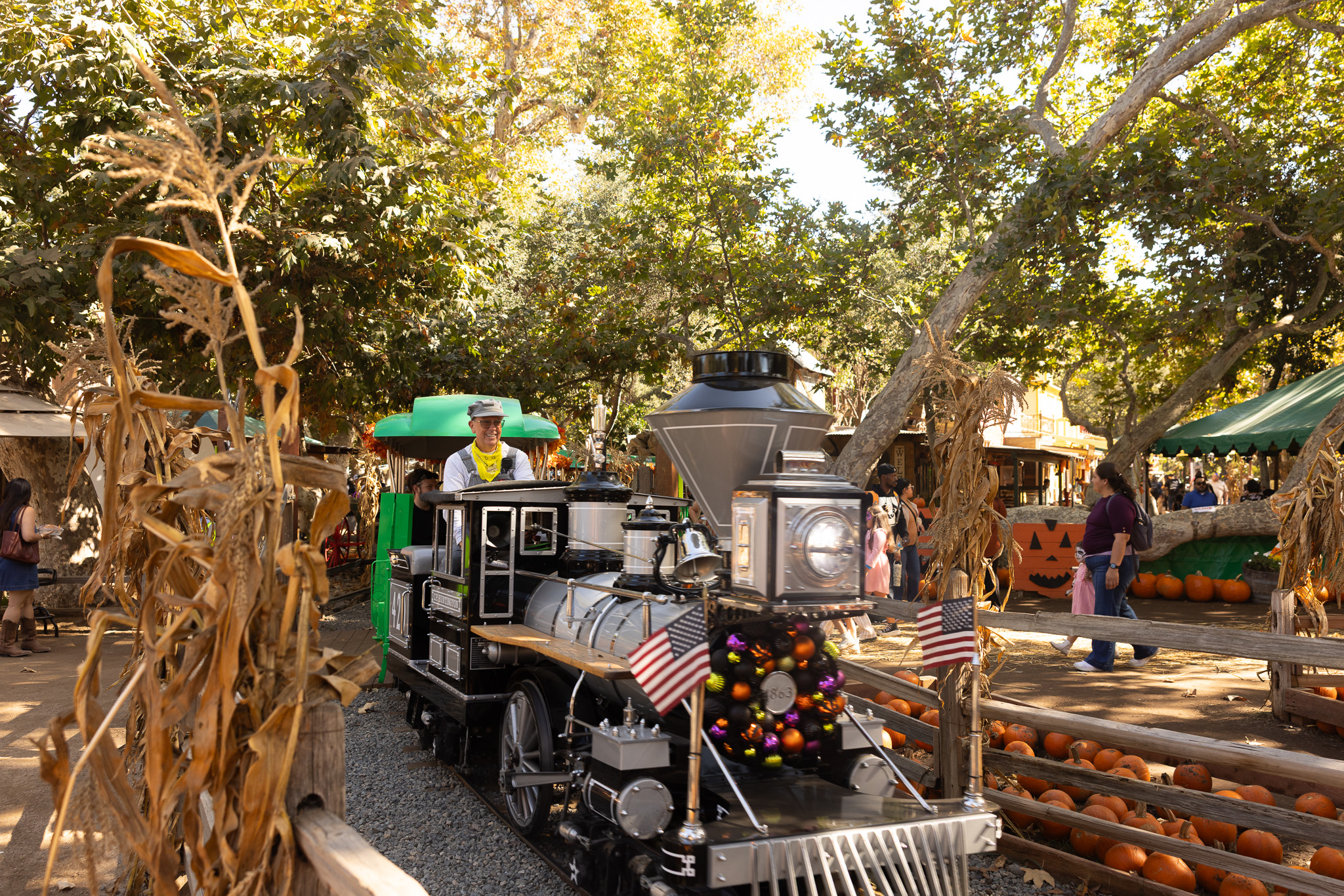 Irvine Park Railroad Train going the Pumpkin Patch Event Area